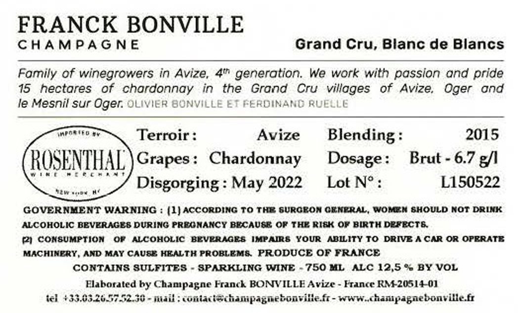 TABC label artwork for FRANCK BONVILLE MILLESIME CHARDONNAY