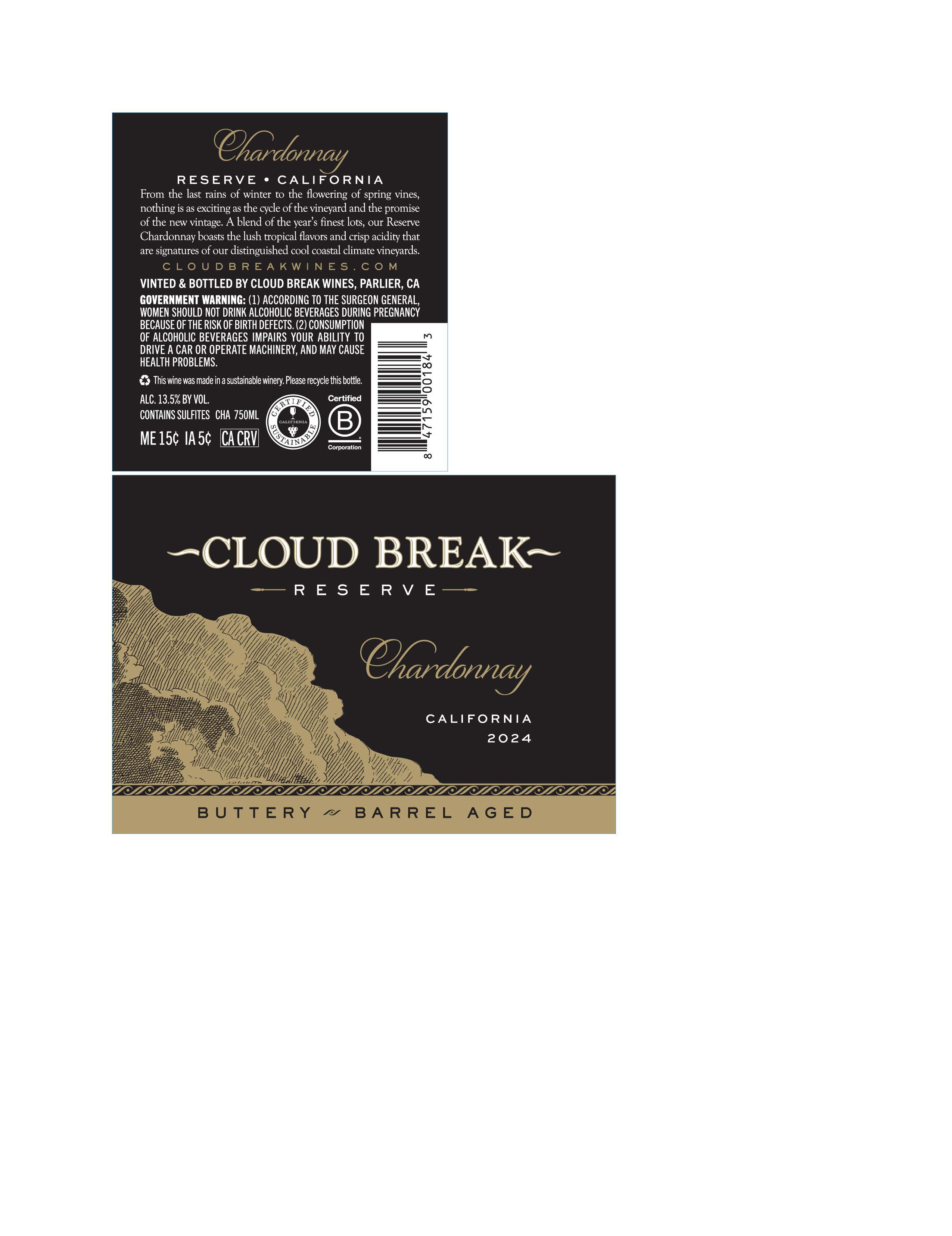 TABC label artwork for Cloud Break Chardonnay Reserve California