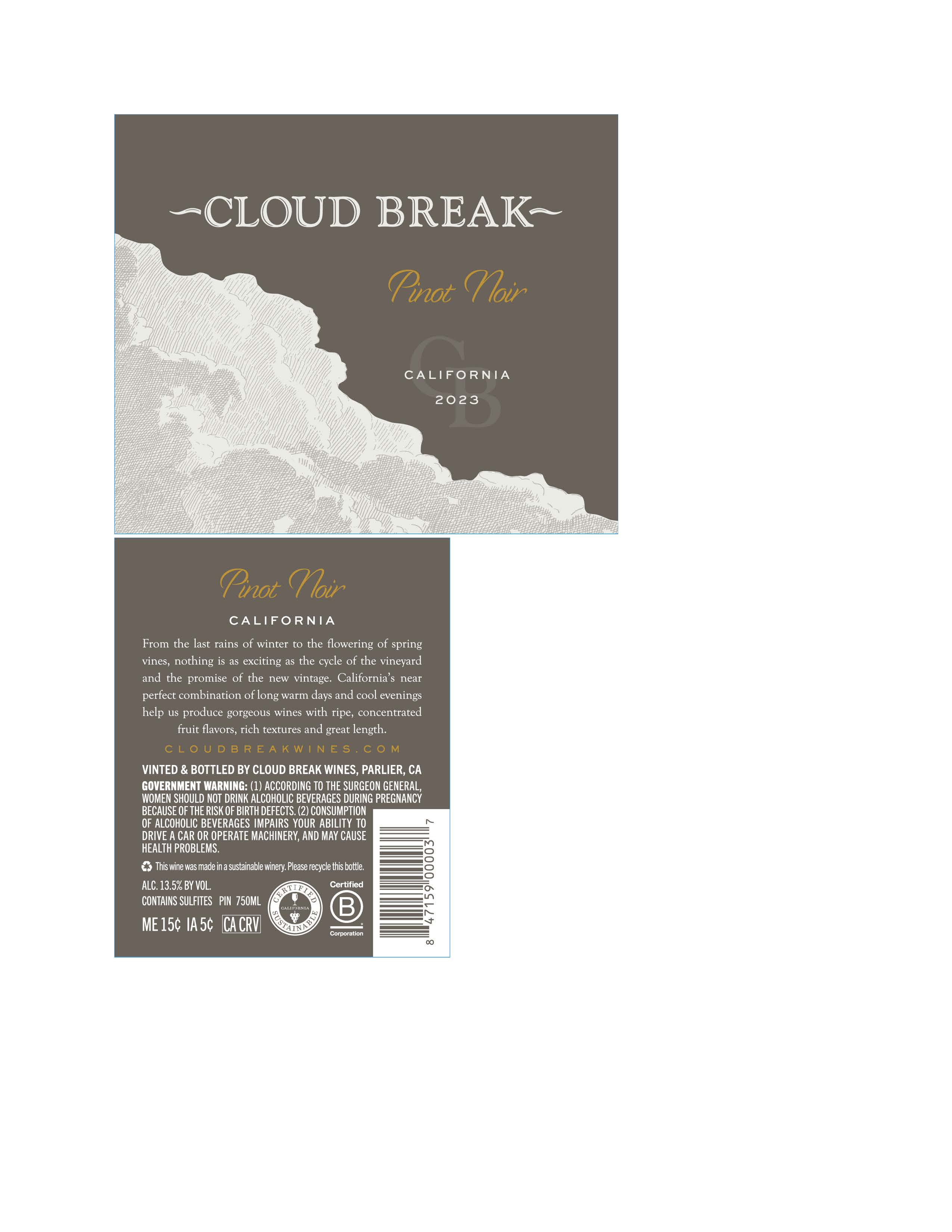 TABC label artwork for Cloud Break Pinot Noir