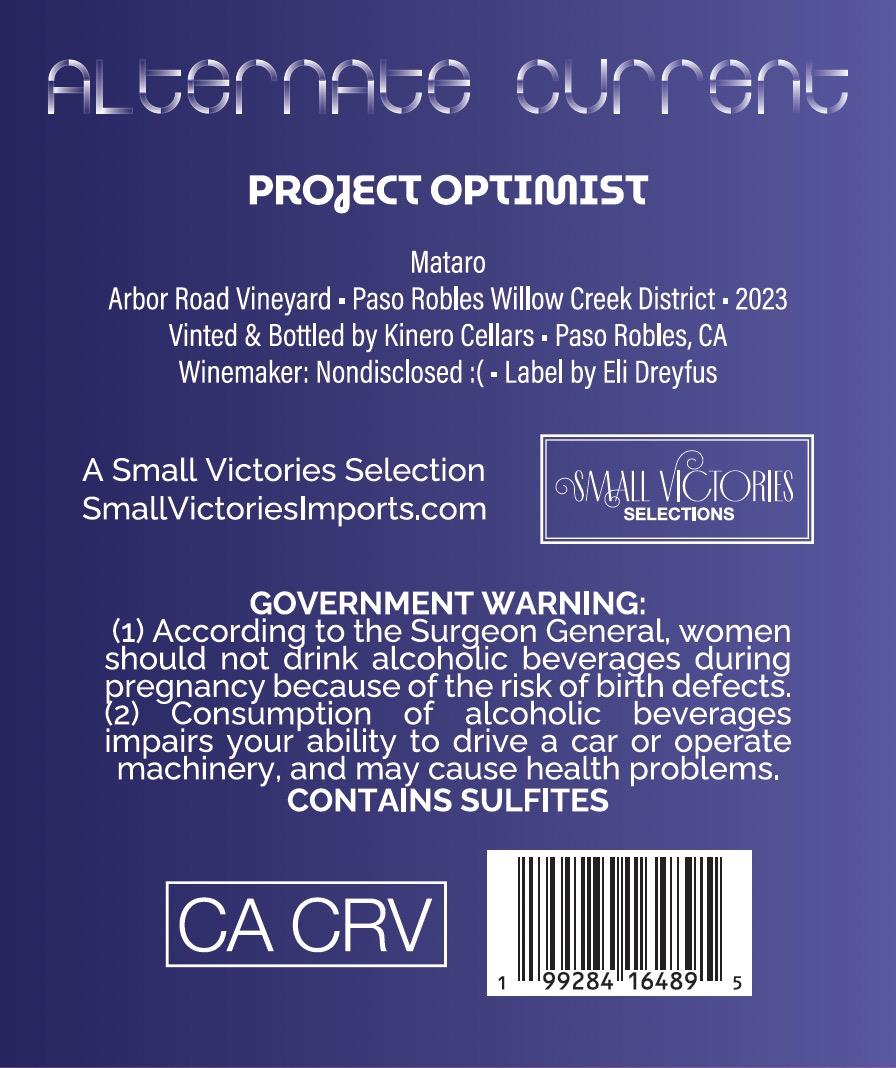 TABC label artwork for Alternate Current Project Optimist Paso Robles Willow Creek District