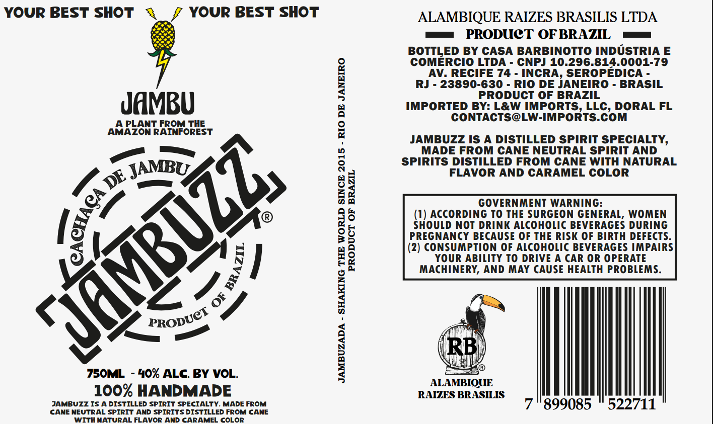 TABC label artwork for JAMBUZZ CACHAÇA DE JAMBU