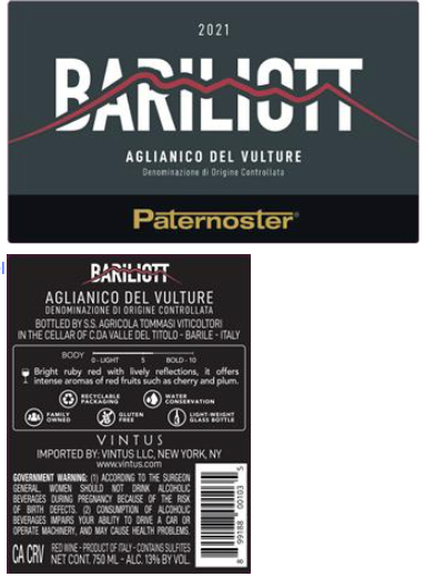 TABC label artwork for Bariliott Aglianico di Vulture