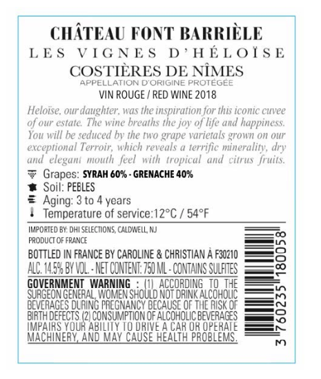 TABC label artwork for Chateau Font Barriele, Vignes d'Heloise, Red