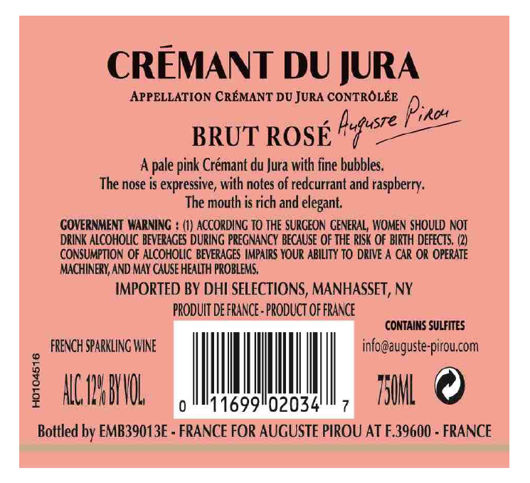 TABC label artwork for Auguste Pirou Cremant du Jura Brut Rose