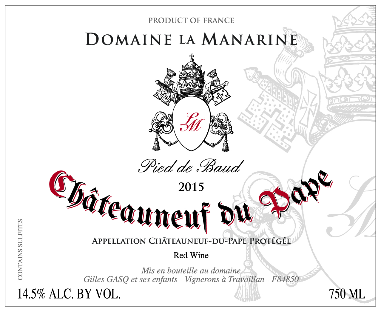 TABC label artwork for Domaine La Manarine Chateauneuf-du-Pape Pied de Baud