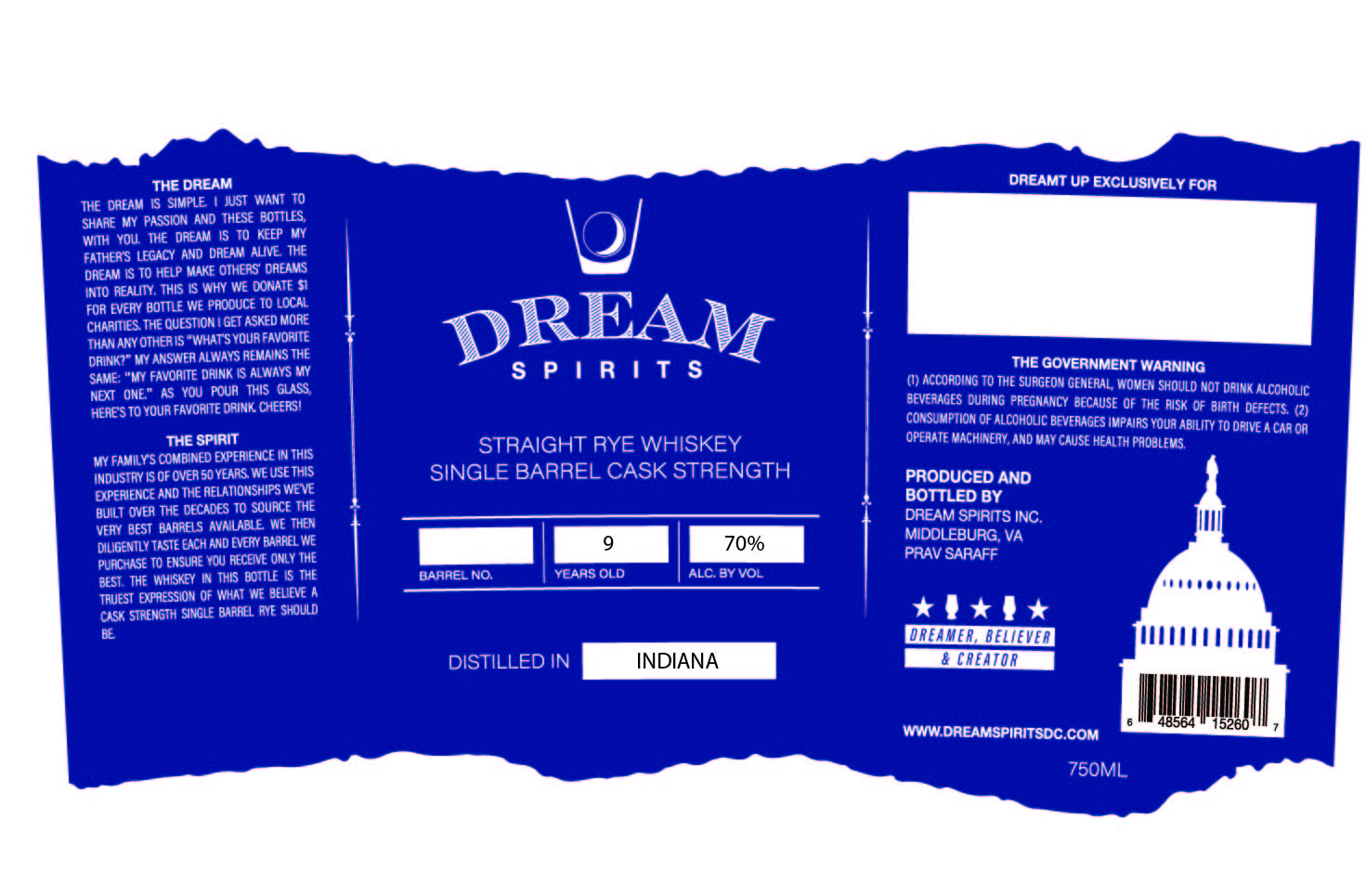 TABC label artwork for Dream Spirits Single Barrel Straight Rye