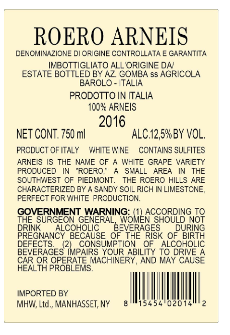 TABC label artwork for Cascina Boschetti Roero Arneis White Wine