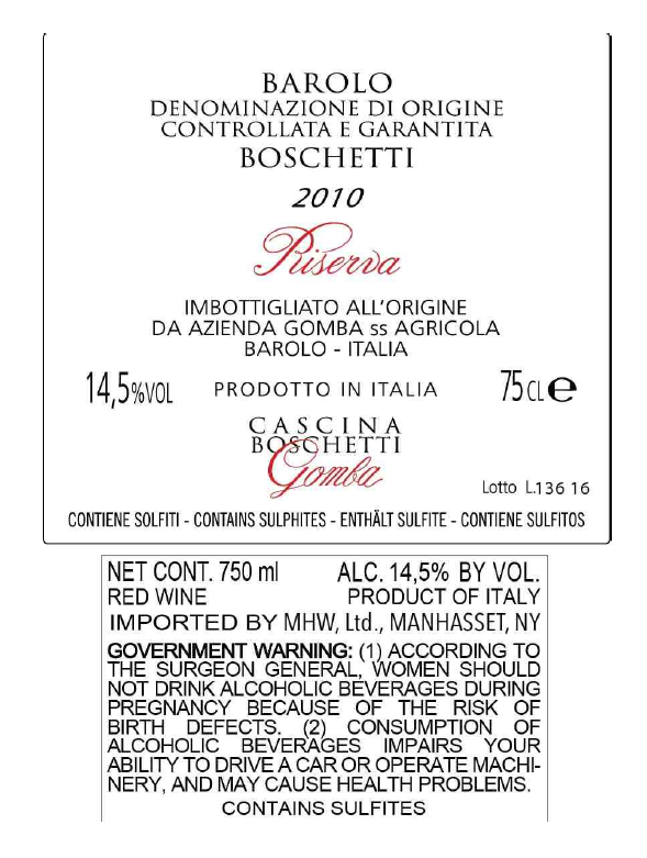 TABC label artwork for Cascina Boschetti 'Riserva' Barolo Nebbiolo Red Wine