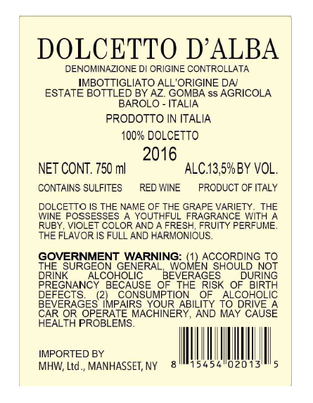 TABC label artwork for Cascina Boschetti Dolcetto d'Alba Dolcetto Red Wine