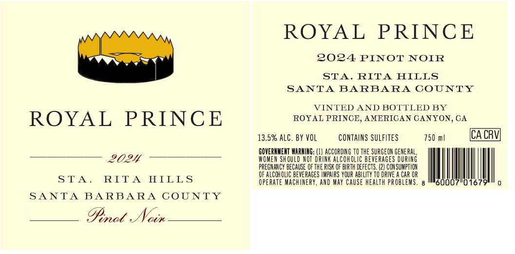 TABC label artwork for Royal Prince Pinot Noir Sta. Rita Hills