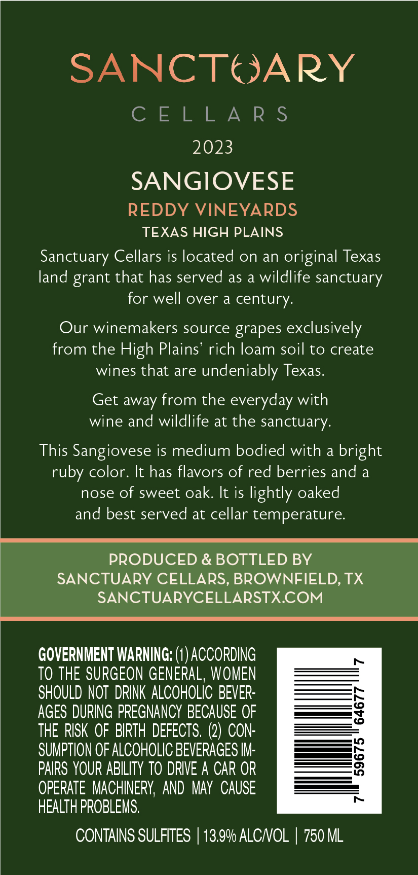 TABC label artwork for Sanctuary Cellars Sangiovese