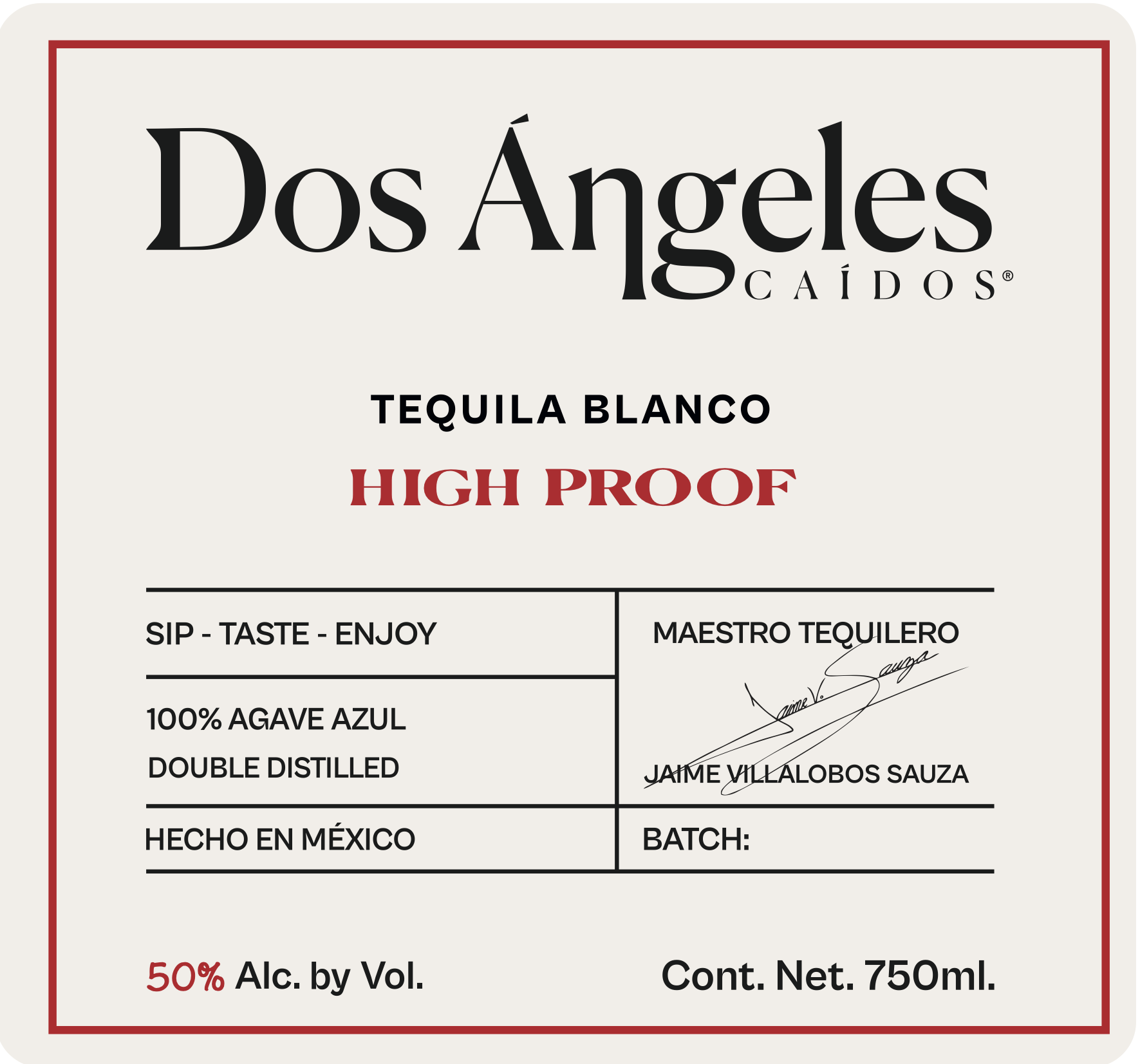TABC label artwork for DOS ANGELES CAIDOS HIGH PROOF BLANCO