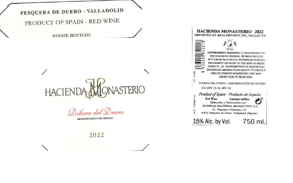 TABC label artwork for HACIENDA MONASTERIO 2022 RIVERA DEL DUERO
