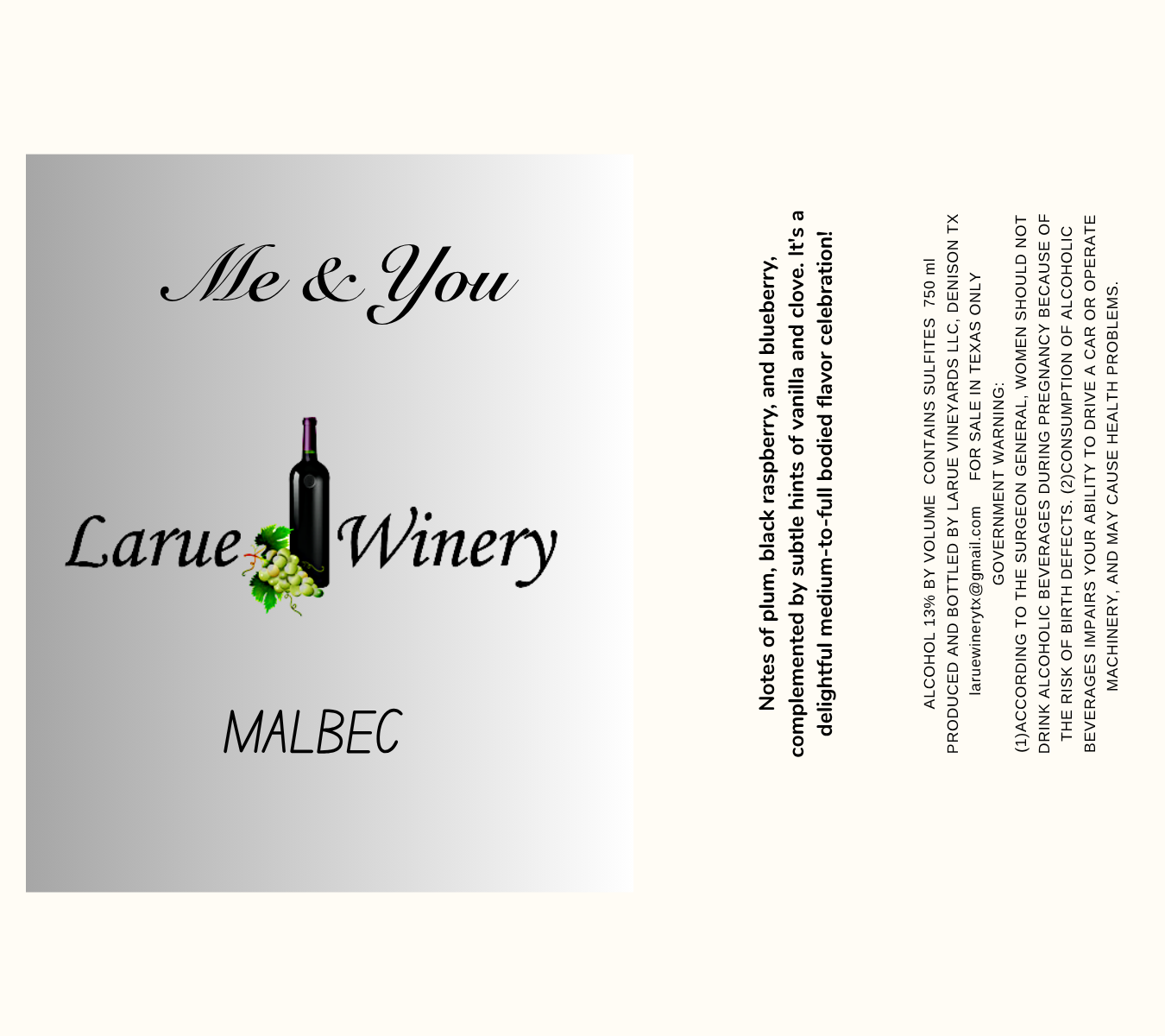 TABC label artwork for LARUE WINERY ME & YOU MALBEC