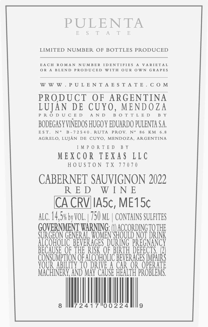 TABC label artwork for Pulenta Estate Cabernet Sauvignon