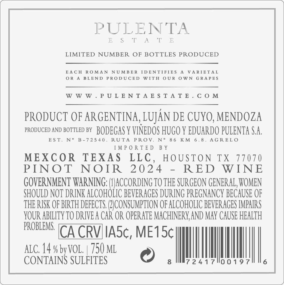 TABC label artwork for Pulenta Estate Pinot Noir