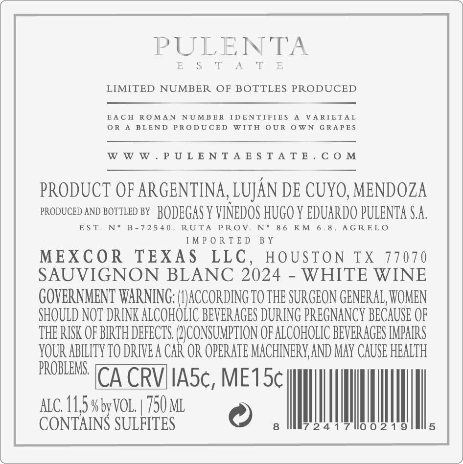 TABC label artwork for Pulenta Estate Sauvignon Blanc
