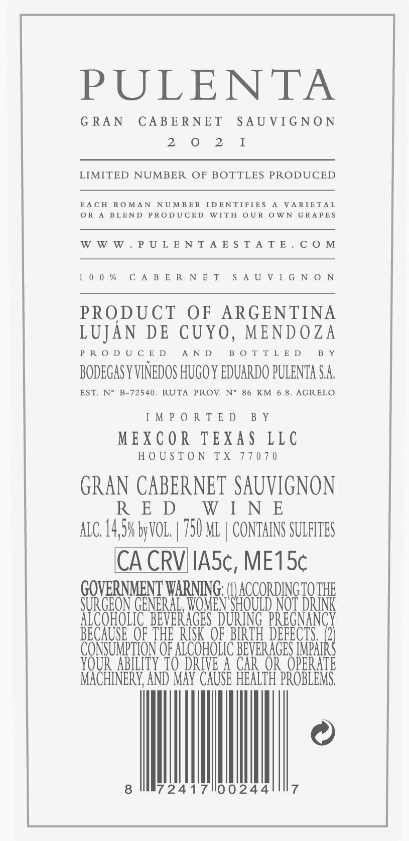 TABC label artwork for Pulenta Estate