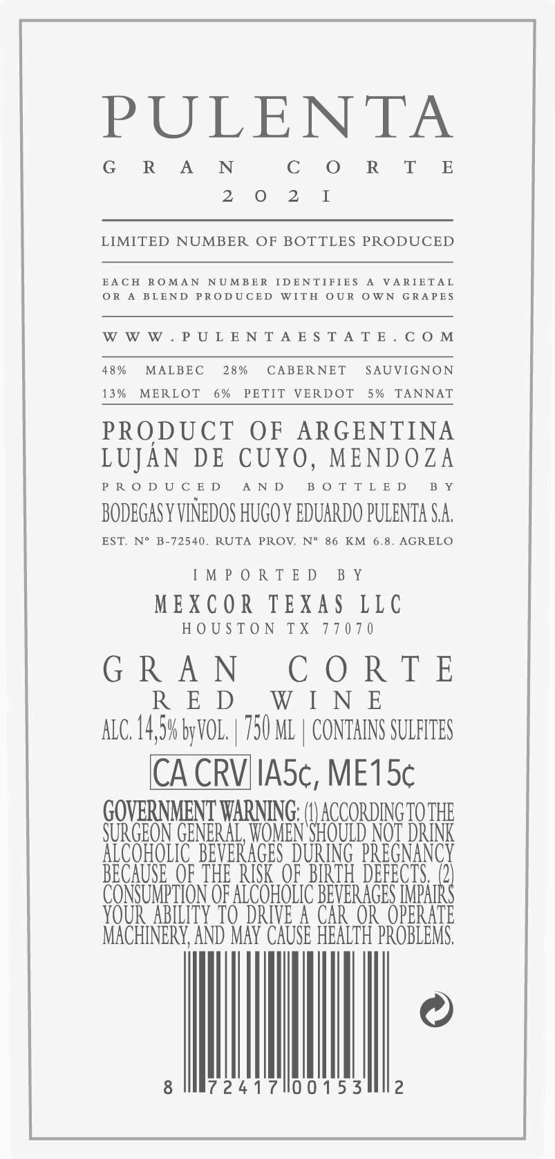 TABC label artwork for Pulenta Estate Gran Corte