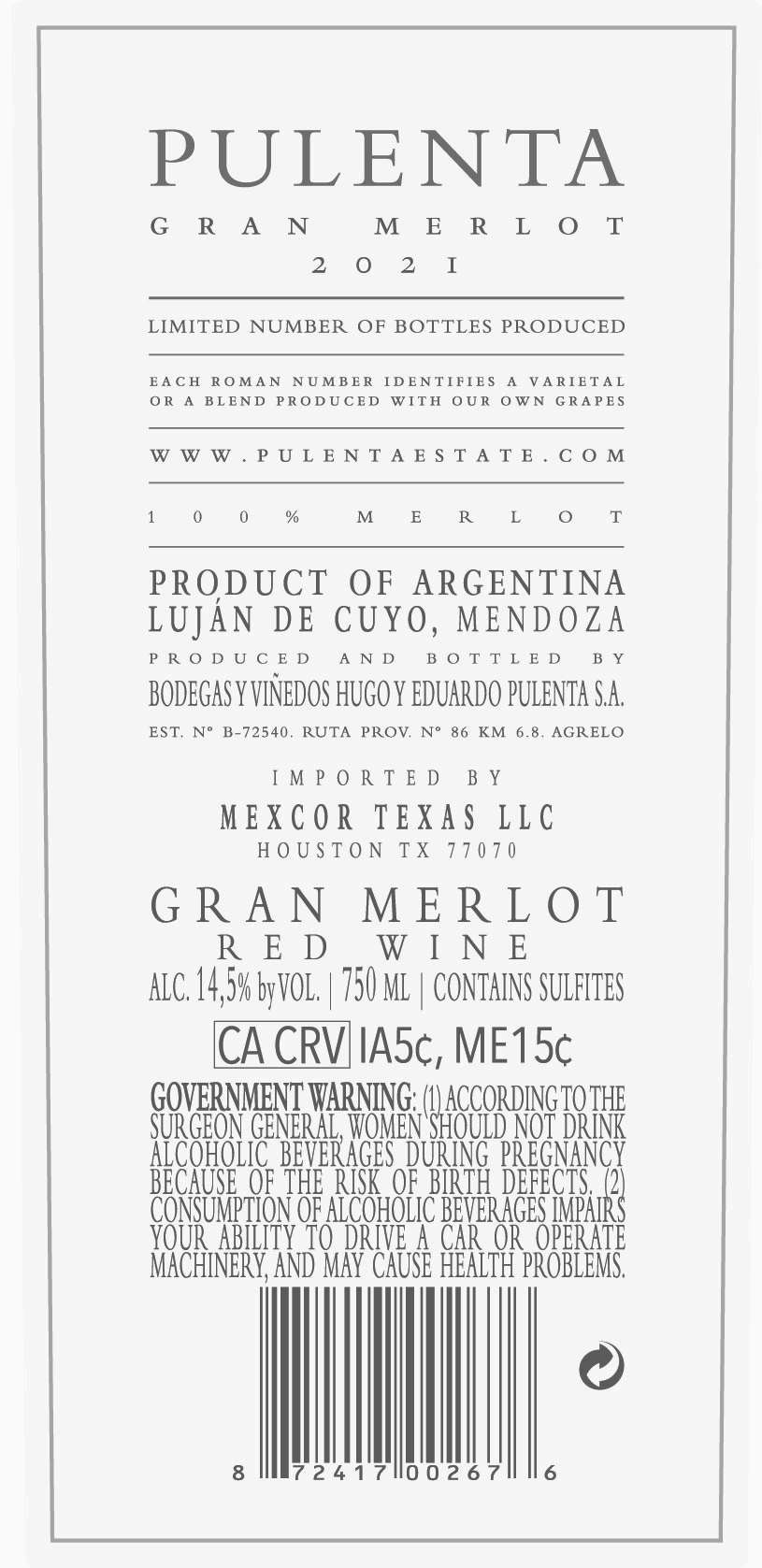 TABC label artwork for Pulenta Estate Gran Merlot