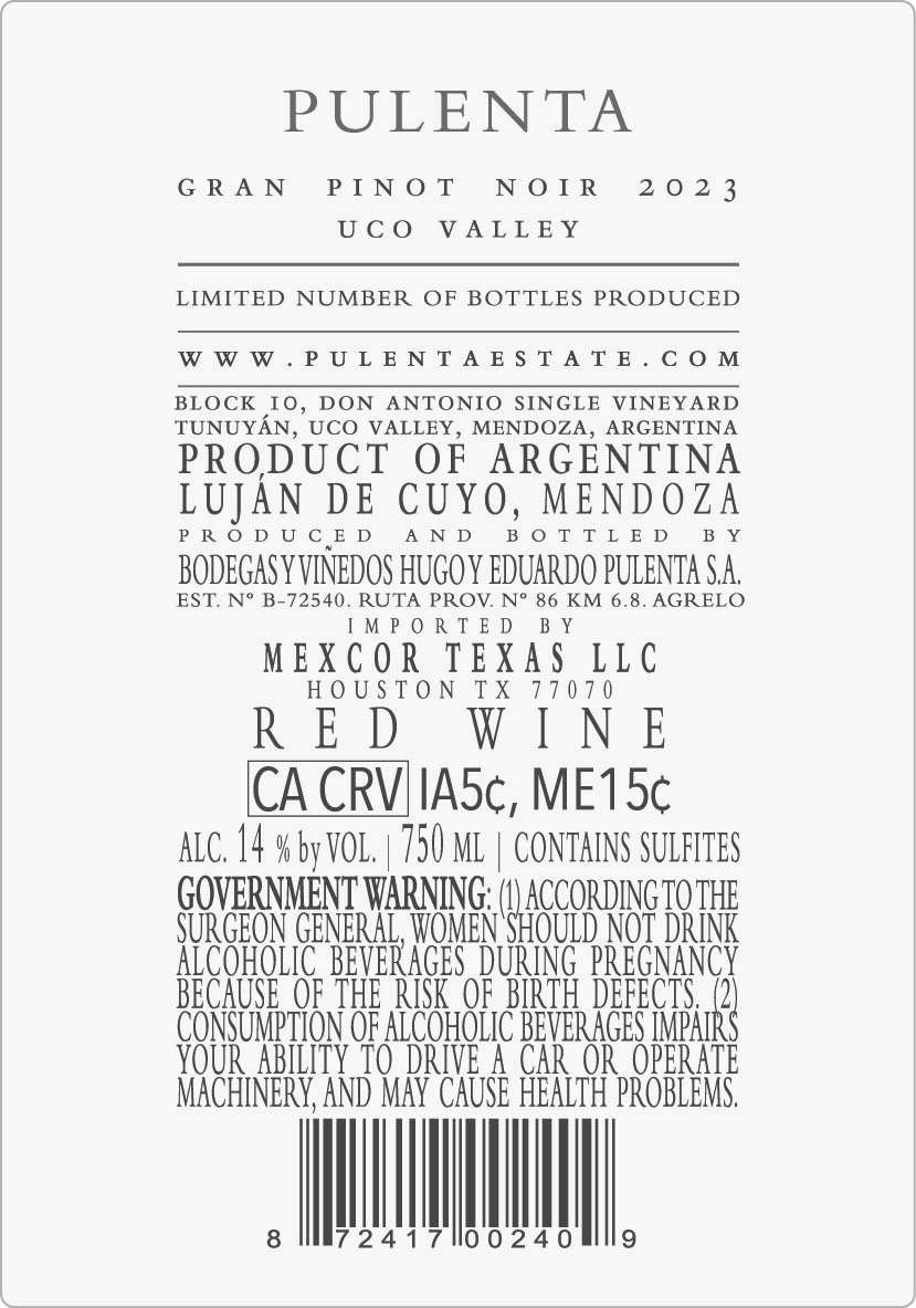 TABC label artwork for Pulenta Estate Gran Pinot Noir