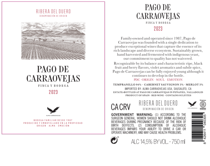 TABC label artwork for Pago de Carraovejas Ribera del Duero Tempranillo, Cabernet Sauvignon, Merlot