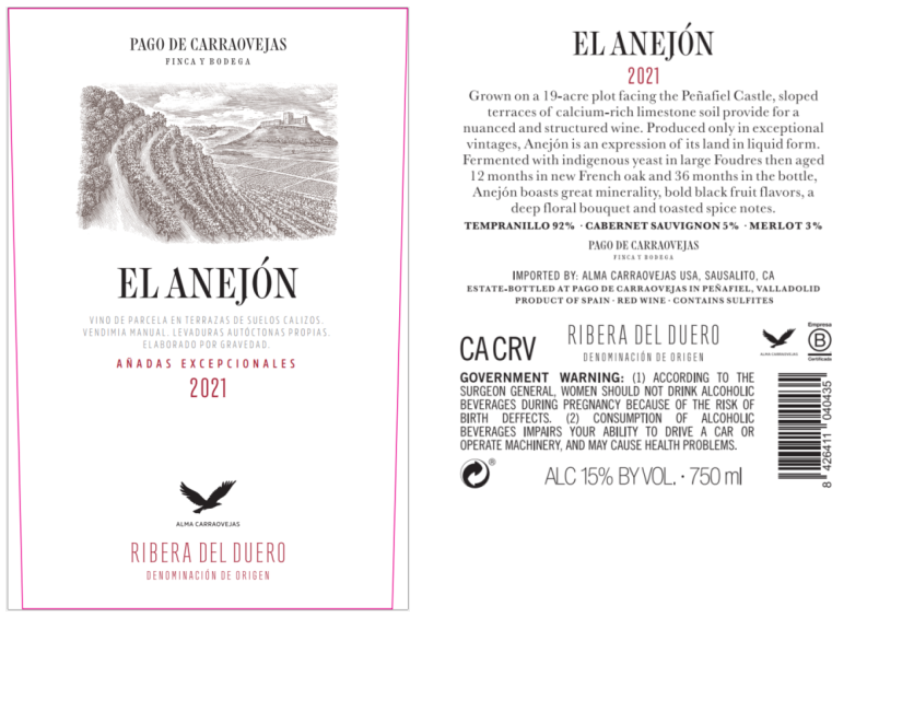 TABC label artwork for Pago de Carraovejas el Anejon Ribera Del Duero Tempranillo, Cabernet Sauvignon, Merlot