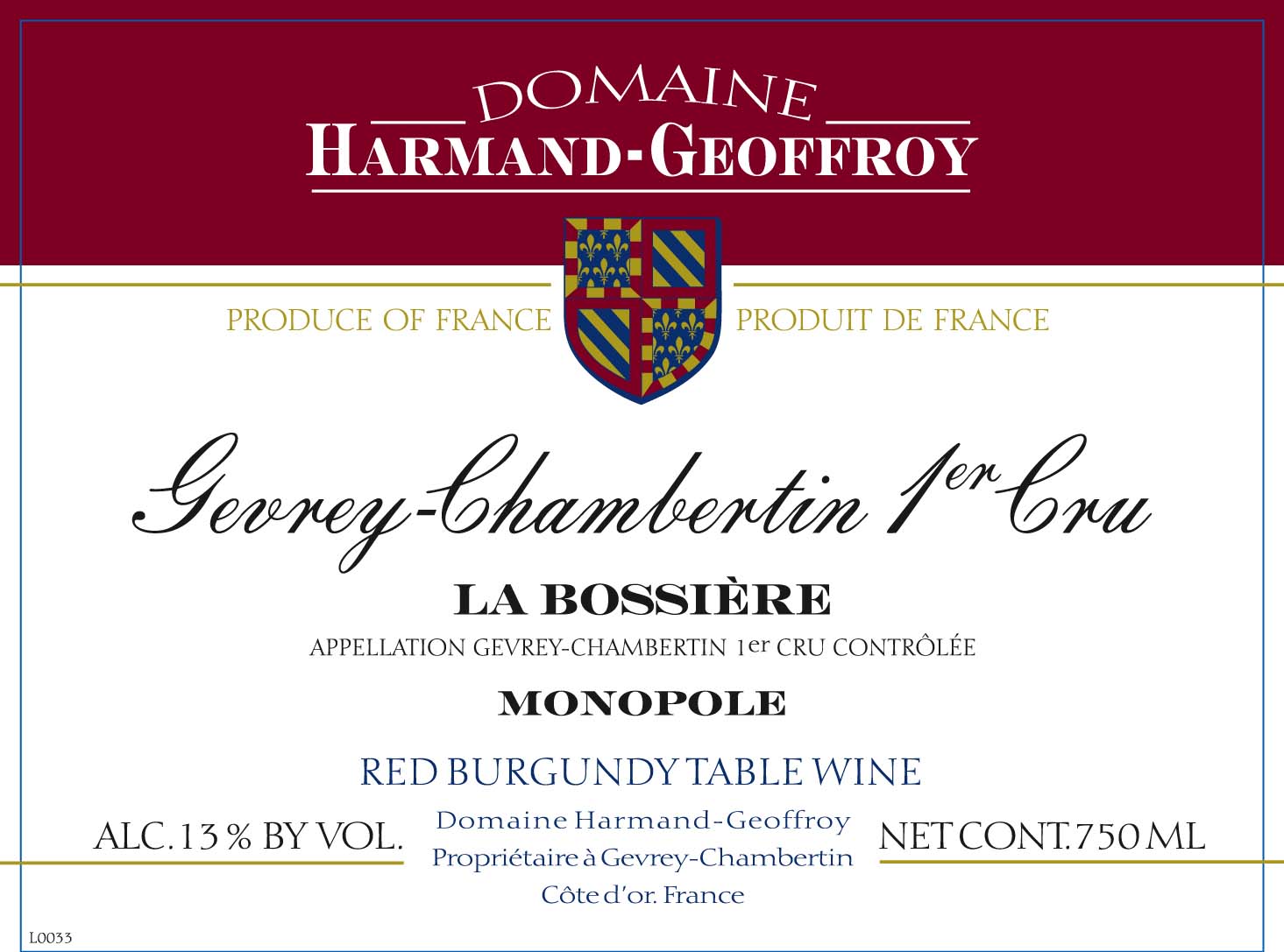 TABC label artwork for Domaine Harmand-Geoffroy Gevrey-Chambertin 1er Cru La Bossiere - Monopole