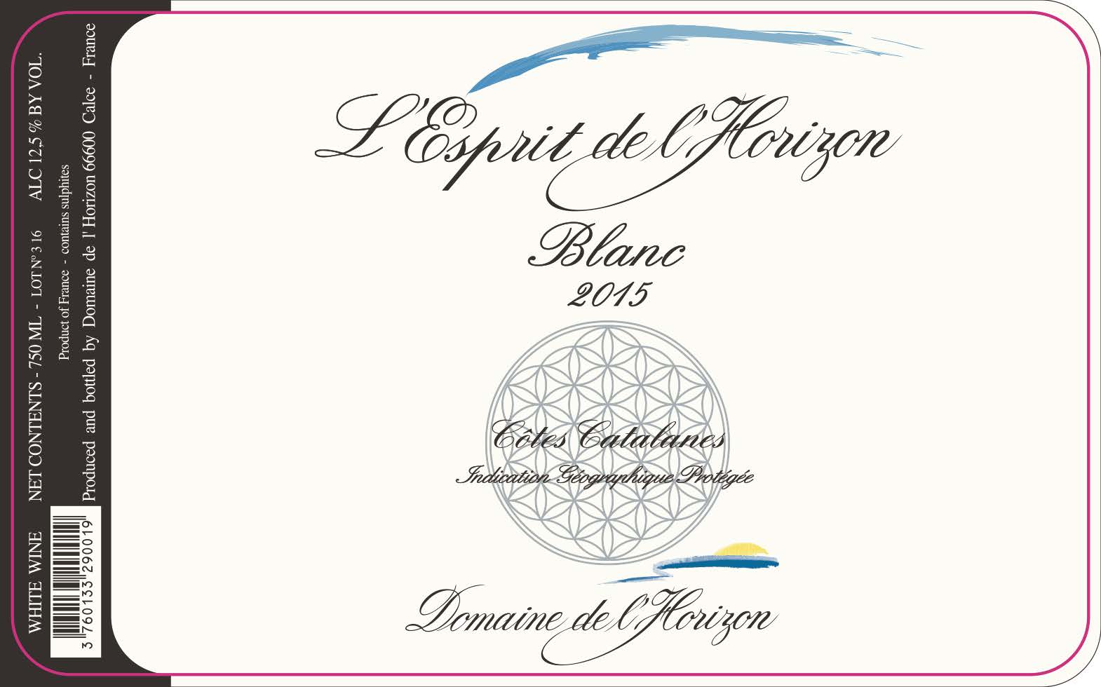 TABC label artwork for Domaine de l'Horizon L'Esprit de l'Horizon Cotes Catalanes Blanc