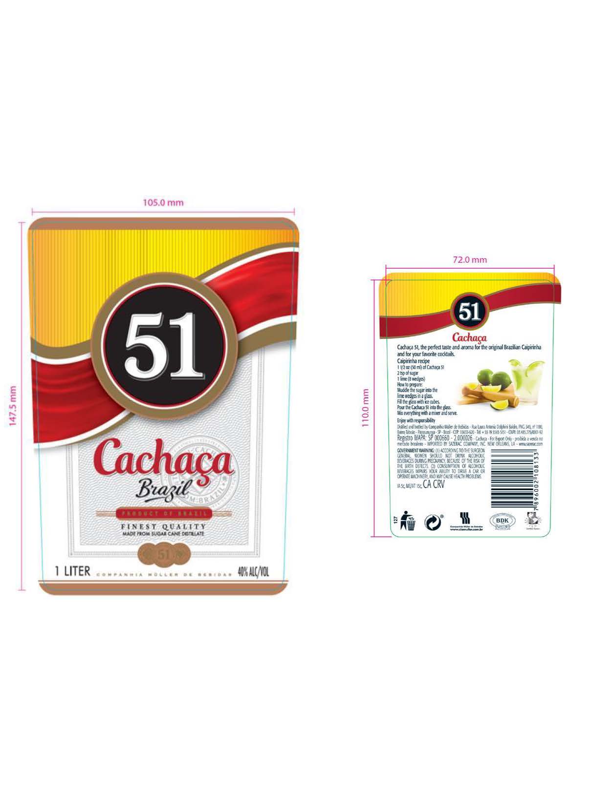 TABC label artwork for Cachaca 51 Gold Rum 750ml & 1L
