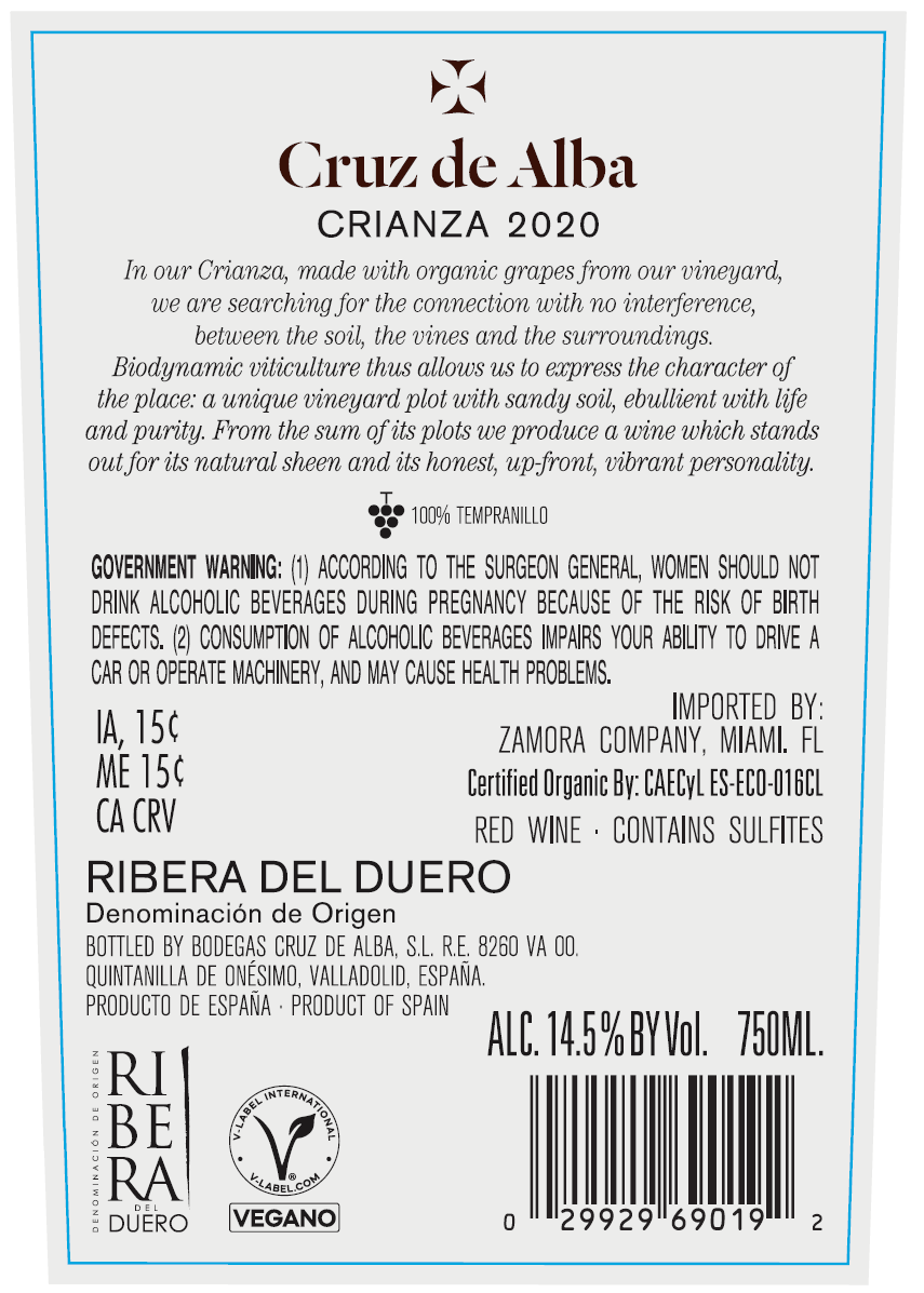 TABC label artwork for Cruz De Alba Crianza 2020 Ribera Del Duero