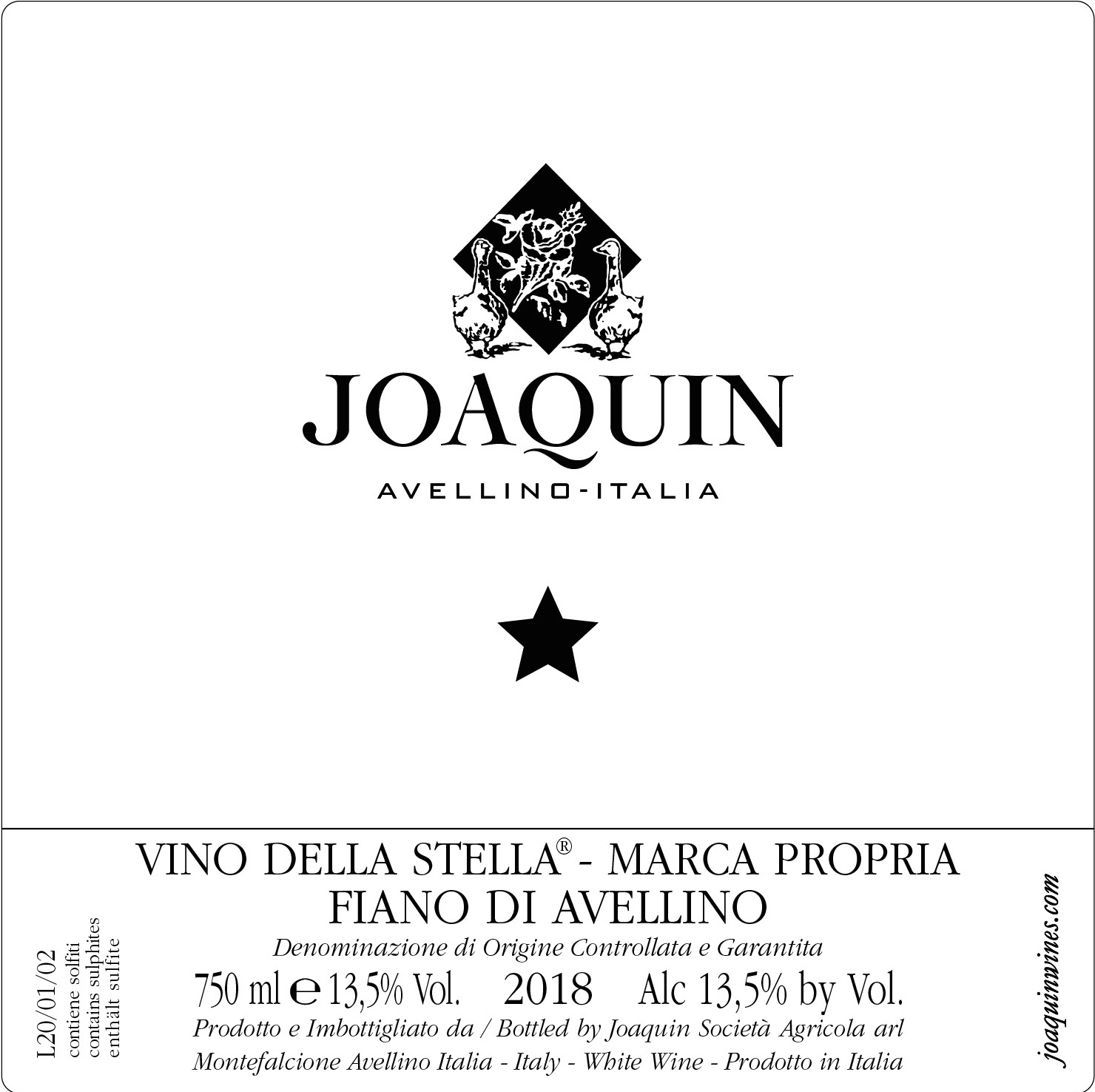 TABC label artwork for Joaquin Vino della Stella Fiano d'Avellino