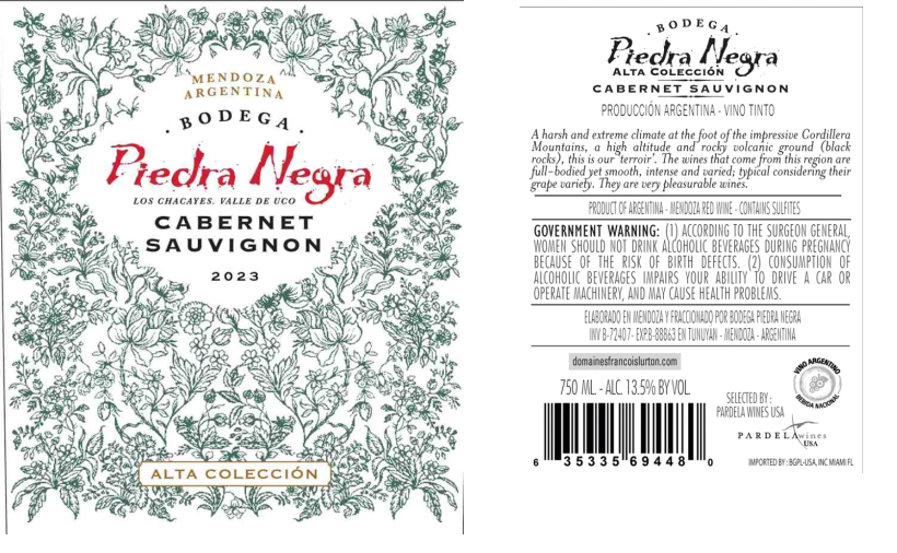 TABC label artwork for Piedra Negra Alta Coleccion Cabernet Sauvignon Mendoza