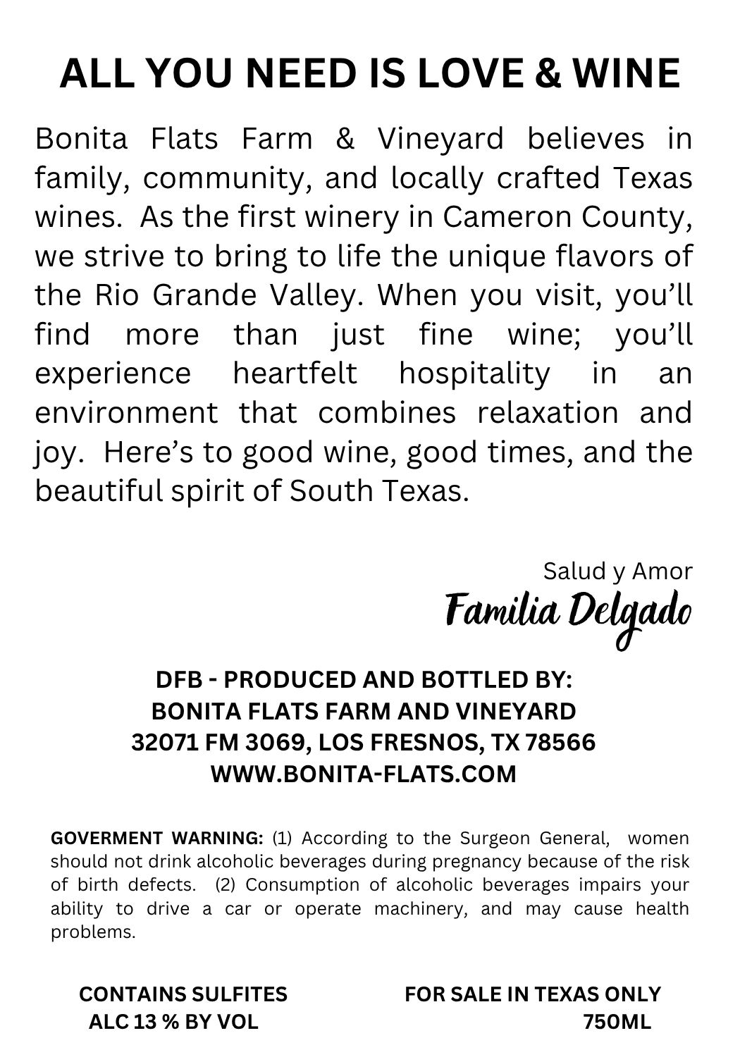 TABC label artwork for Bonita Flats Farm & Vineyard Delgado Family White Wine Blend