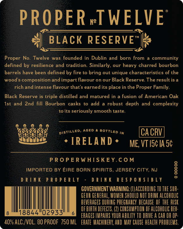 TABC label artwork for Proper No. Twelve Black Reserve