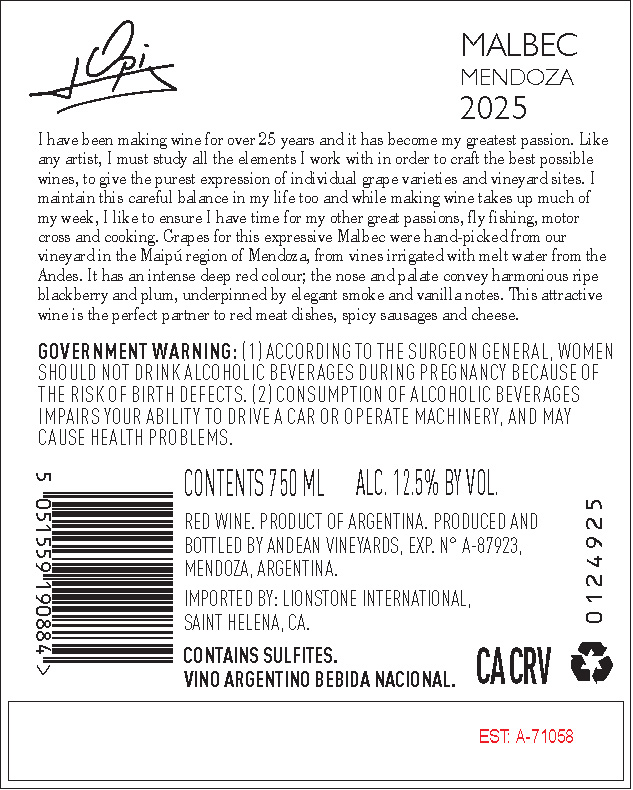 TABC label artwork for J Opi Mendoza Malbec, Argentina
