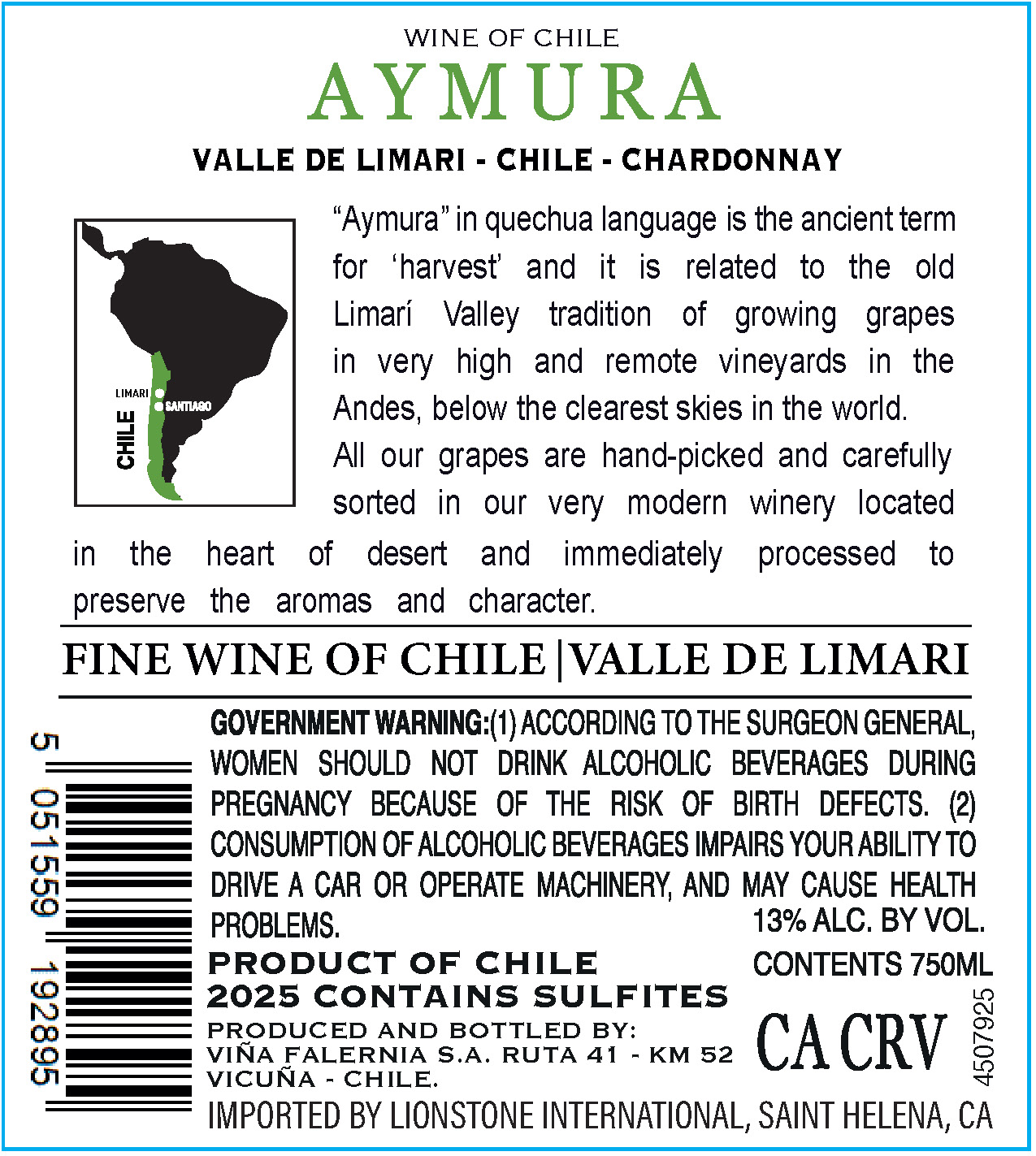 TABC label artwork for Aymura Valle de Limari Chardonnay, Chile