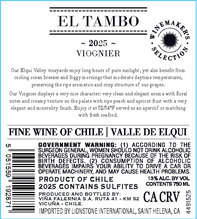 TABC label artwork for El Tambo Valle de Elqui Viognier, Chile