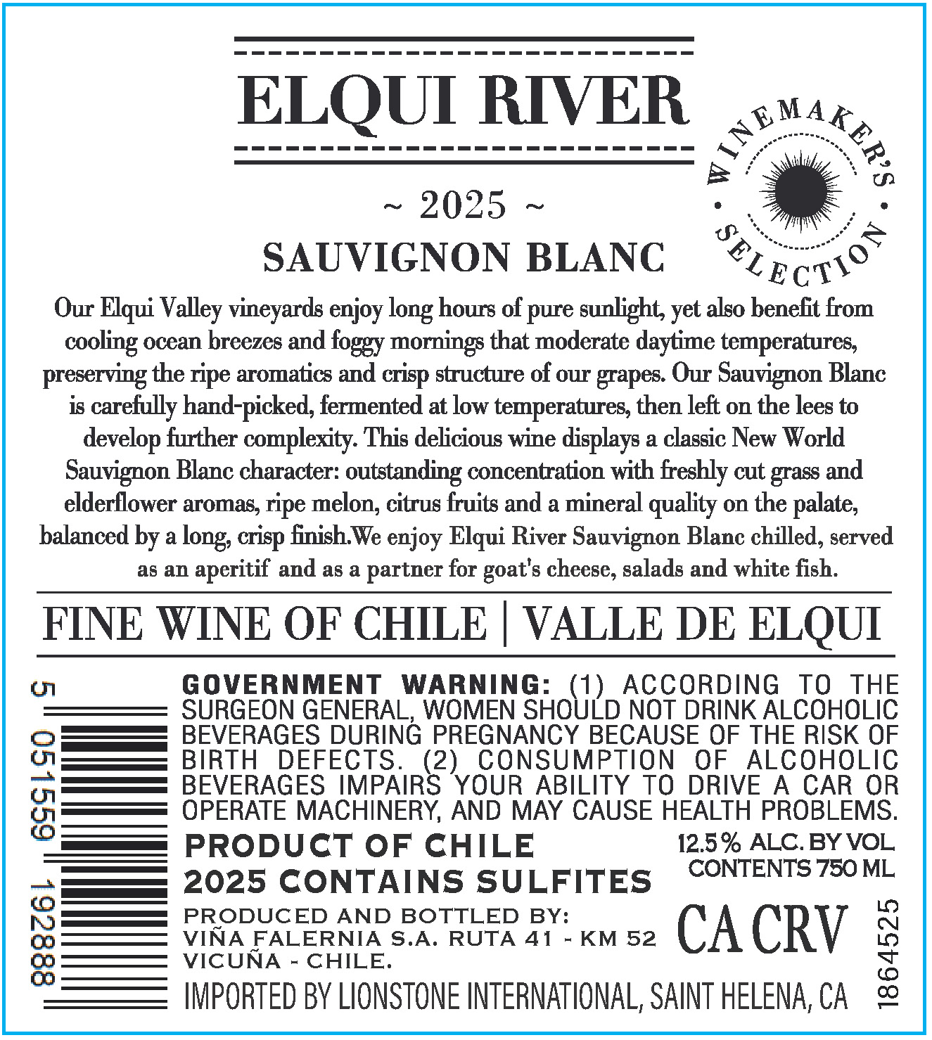 TABC label artwork for Elqui River Valle de Elqui Sauvignon Blanc, Chile