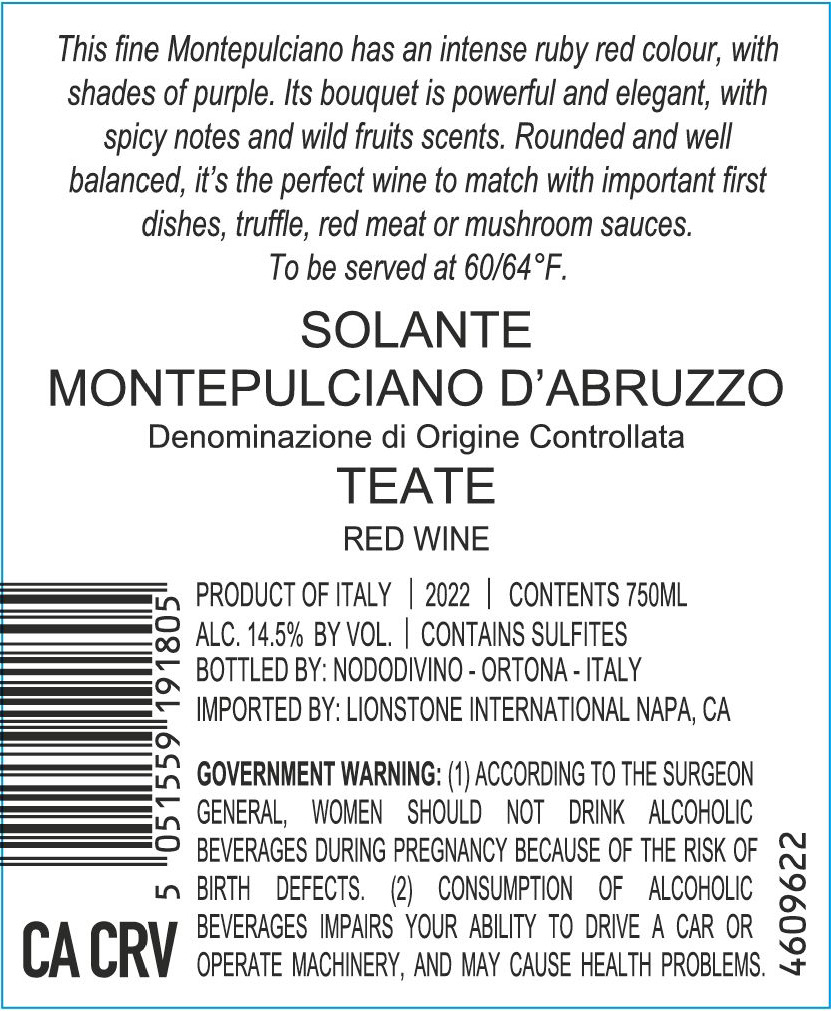 TABC label artwork for Solante Teate Montepulciano D’Abruzzo Red Wine