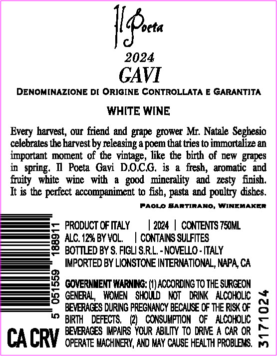 TABC label artwork for Il Poeta Gavi White Wine
