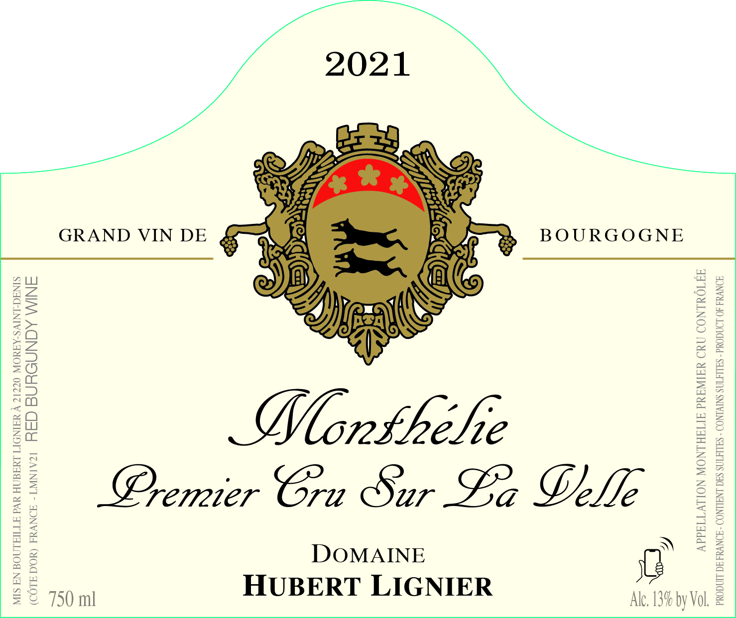 TABC label artwork for Hubert Lignier Monthelie 1er Cru Sur la Velle