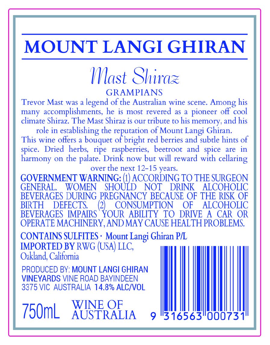 TABC label artwork for Mount Langi Ghiran Mast Shiraz Grampians