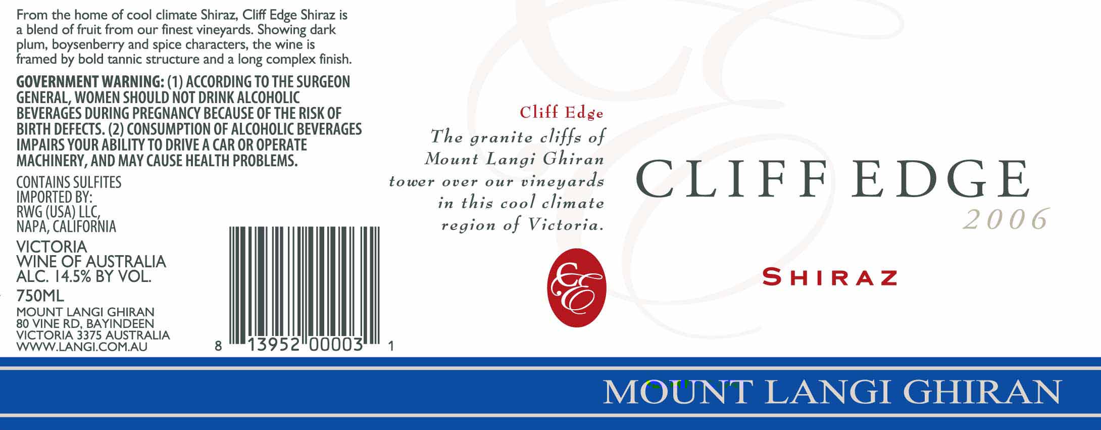 TABC label artwork for Mount Langi Ghiran Cliff Edge Shiraz Victoria