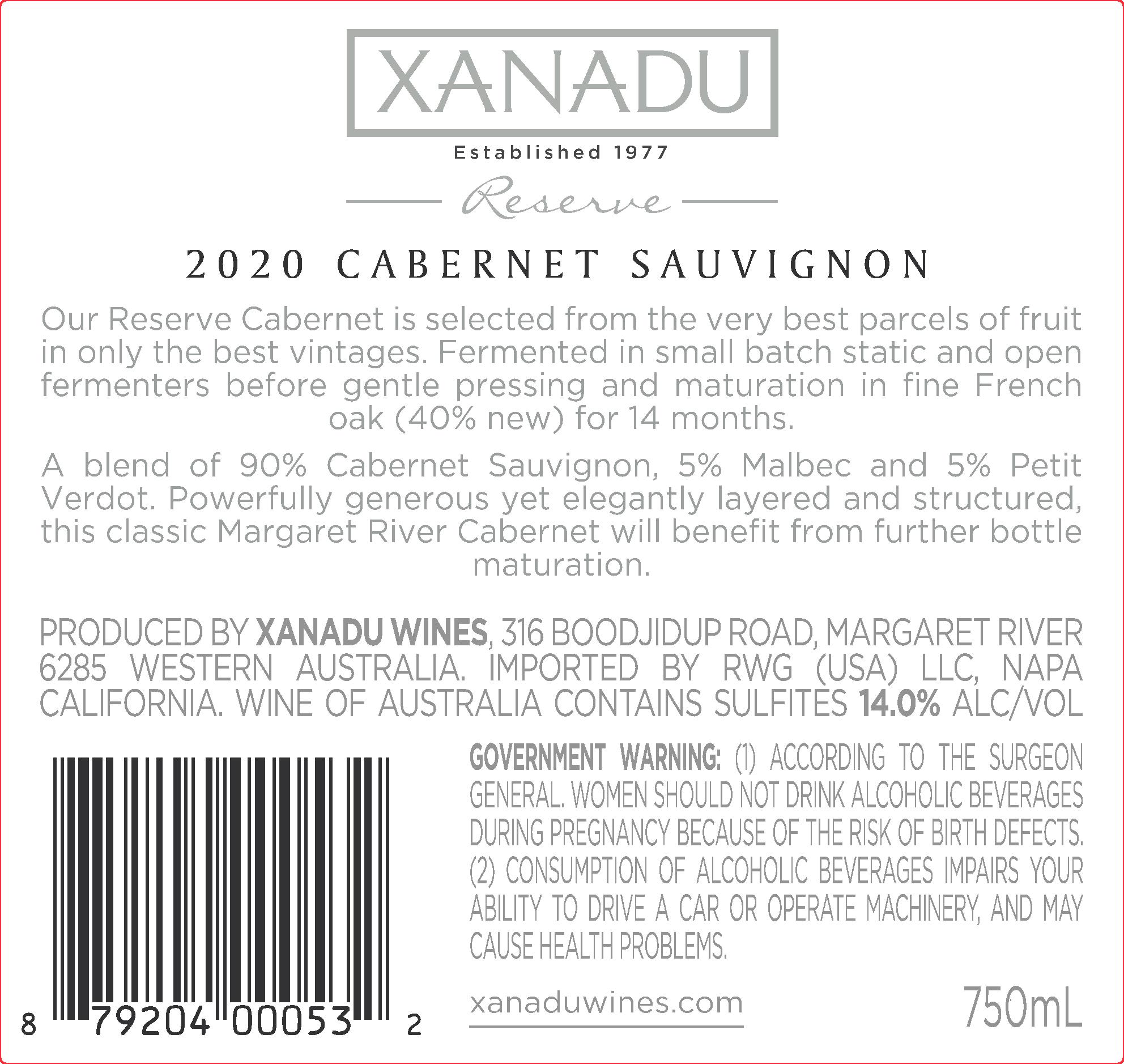 TABC label artwork for Xanadu Reserve Cabernet Sauvignon Margaret River