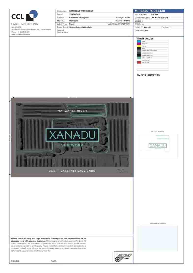 TABC label artwork for Xanadu Vinework Cabernet Sauvignon Margaret River