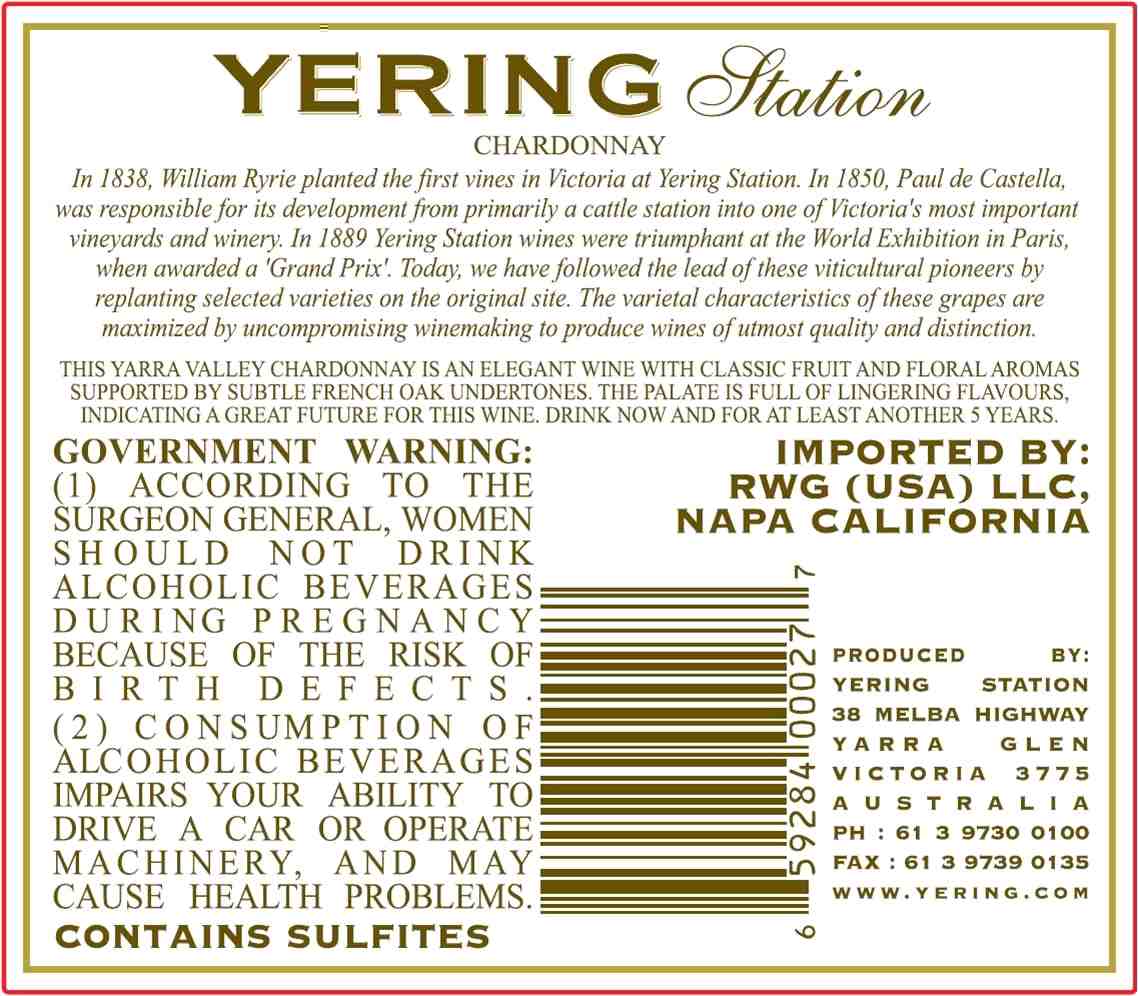 TABC label artwork for Yering Station Chardonnay Yarra Valley