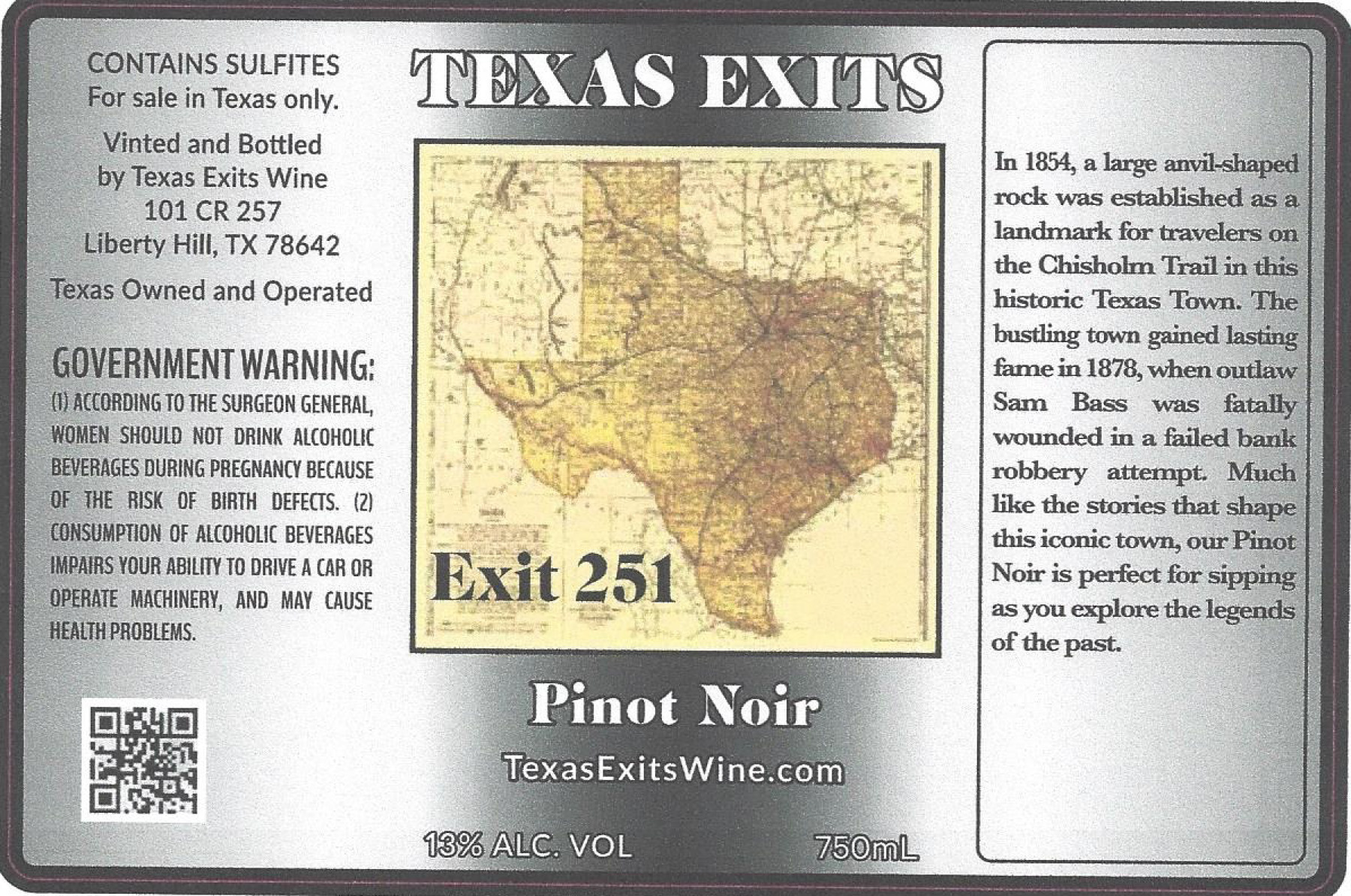 TABC label artwork for TEXAS EXITS PINOT NOIR