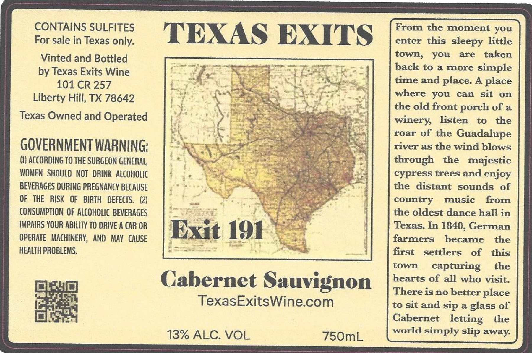 TABC label artwork for TEXAS EXITS CABERNET SAUVIGNON