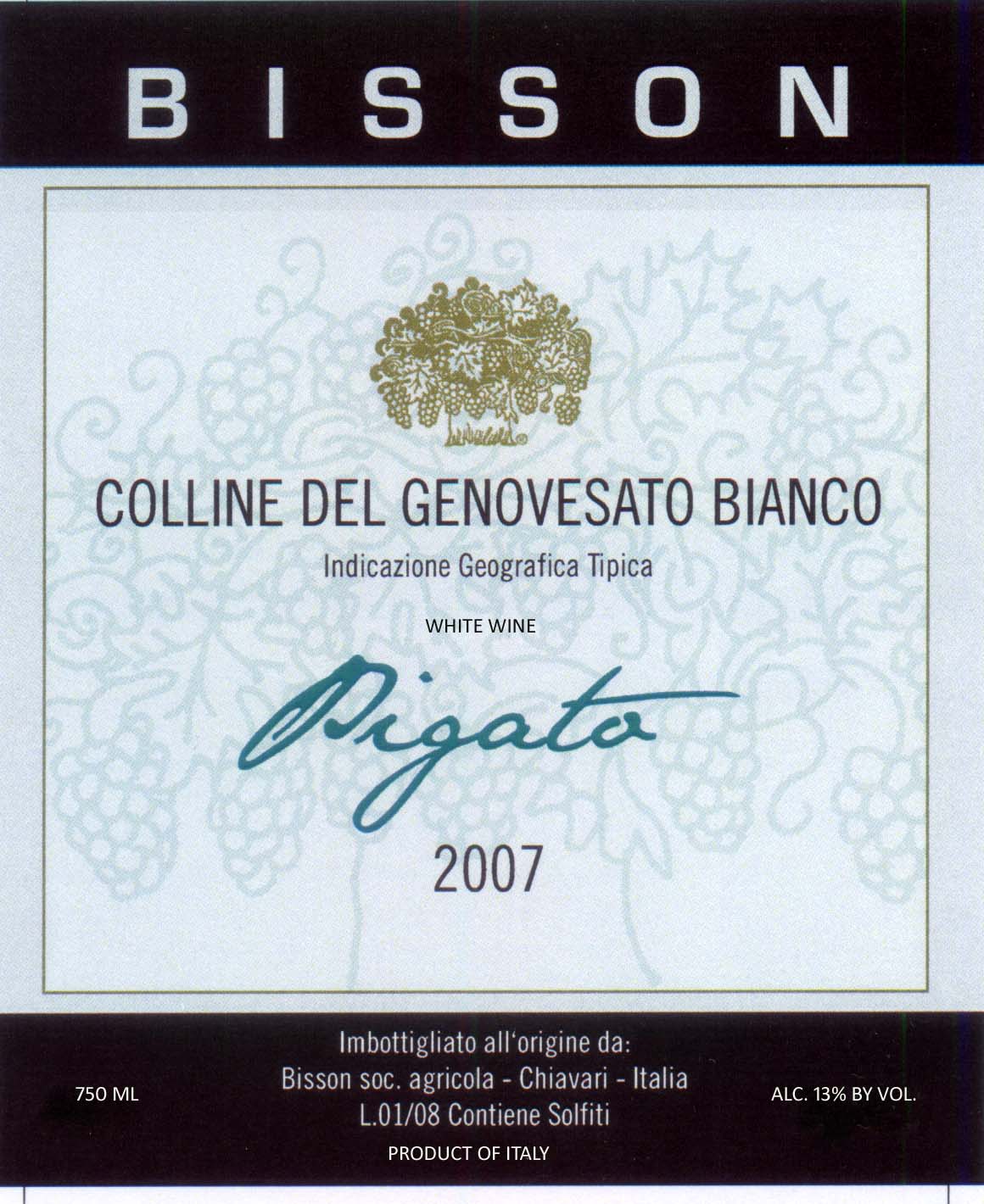 TABC label artwork for Bisson Pigato Colline del Genovesato Bianco